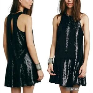 FREE PEOPLE Liquid Shine Black Sequin High Neck Cocktail mini dress Extra Small